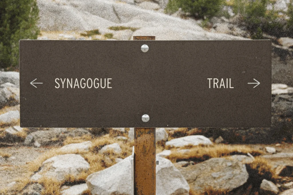 A sign on a hiking trail that has an arrow pointing one way toward "synagogue" and another pointing the other way toward "trail"