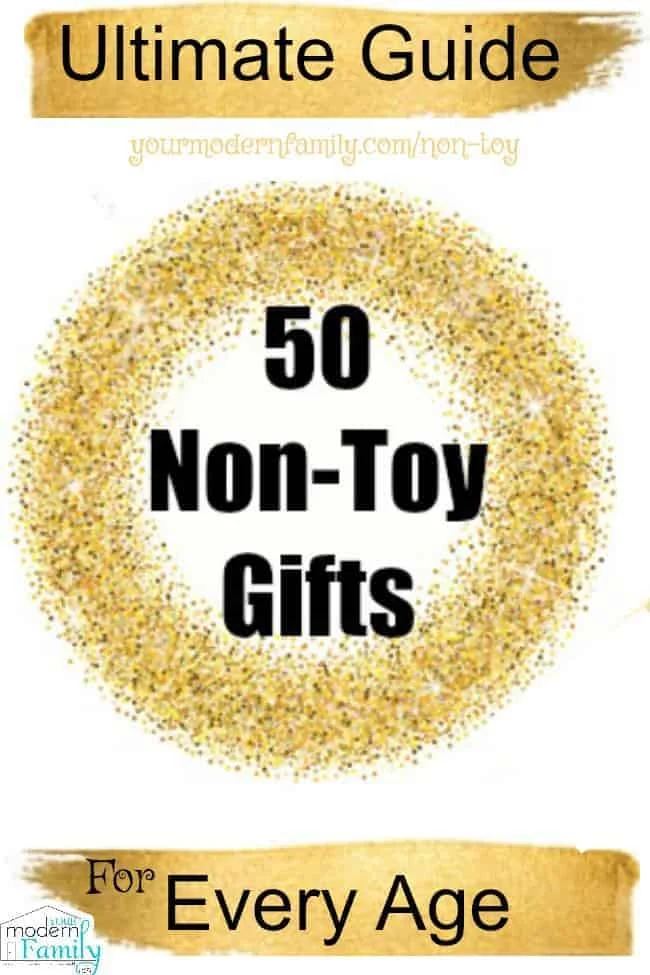 A golden circle with text in it. - Non-Toy gifts for kids